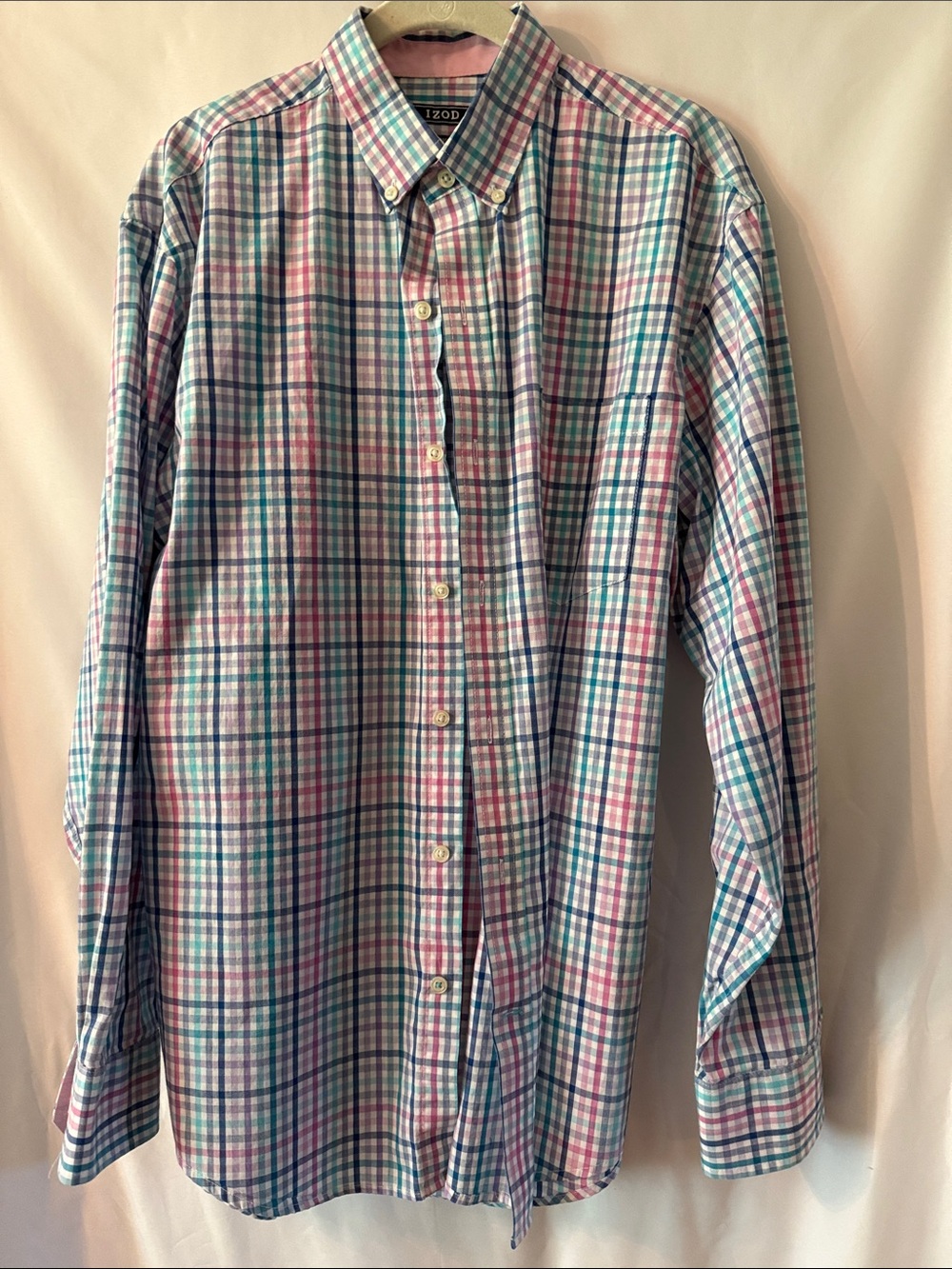 Izod Men's Premium Essentials Blue and Pink Plaid Button-Down Shirt Medium